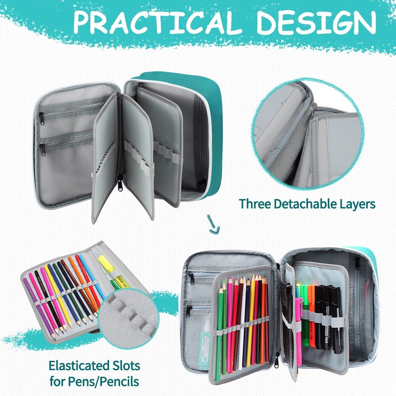 VASCHY Large Pencil Case, Art Color Pencils Pouch with Detachable Layers Multiple Zip Pockets for School Office Stationary Organization Turq - Image 3
